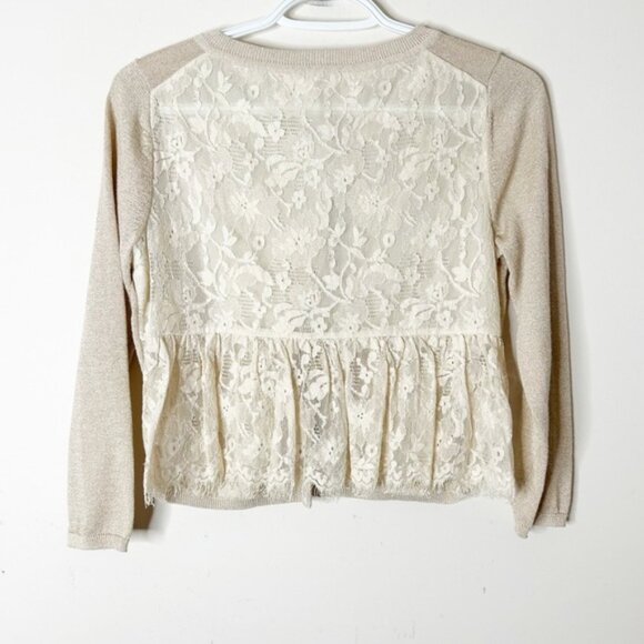 Anthropologie Knitted & Knotted Afterword Cardigan Sweater Beige Metallic Lace - Picture 6 of 16